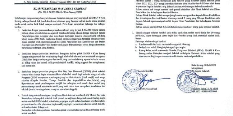 KLARIFIKASI DAN HAK JAWAB SMAN 4 KOTA SERANG